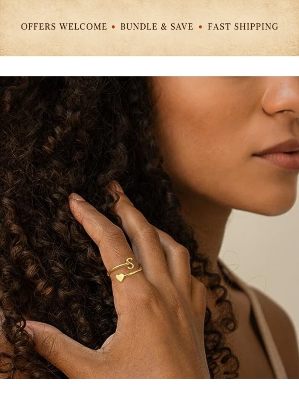 14k Gold Plated Heart Initial Ring Adjustable Stackable - Picture 4 of 6